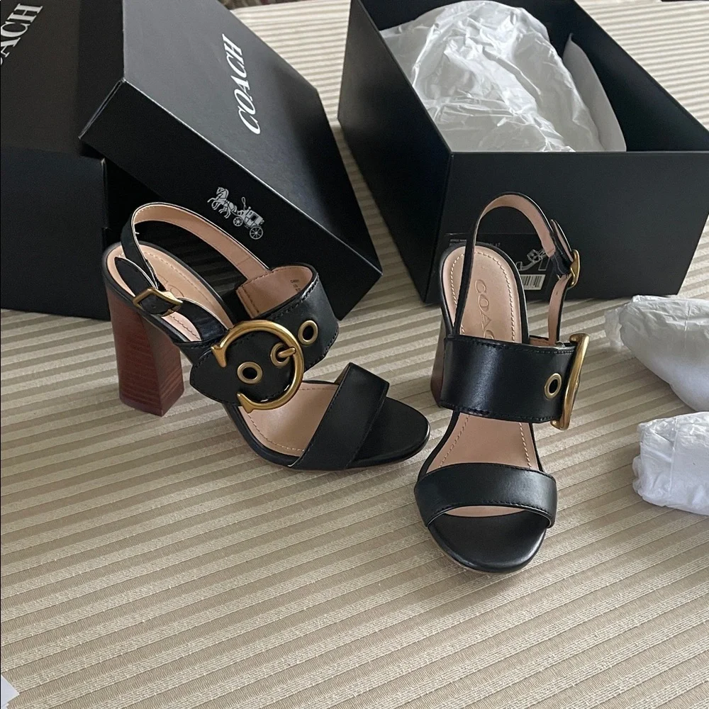 COACH Black Leather Sandal Gold Buckle Robin
